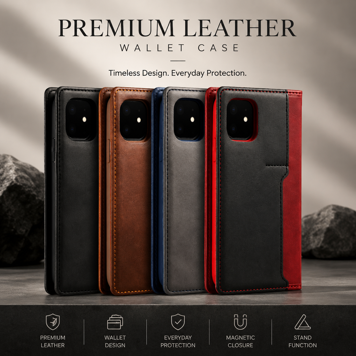 Premium iPhone Case Flip Wallet MagSafe Compatible Genuine Leather Magnetic Closure Card Holder Shockproof Protective Cover Camera Lens Protection Slim Design