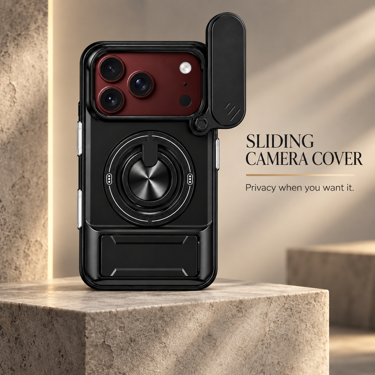 Premium iPhone Case Foldable Armor Slide Camera Lens Protector Magnetic Car Holder Ring Stand Shockproof PC TPU Tough Protective Cover Case Design