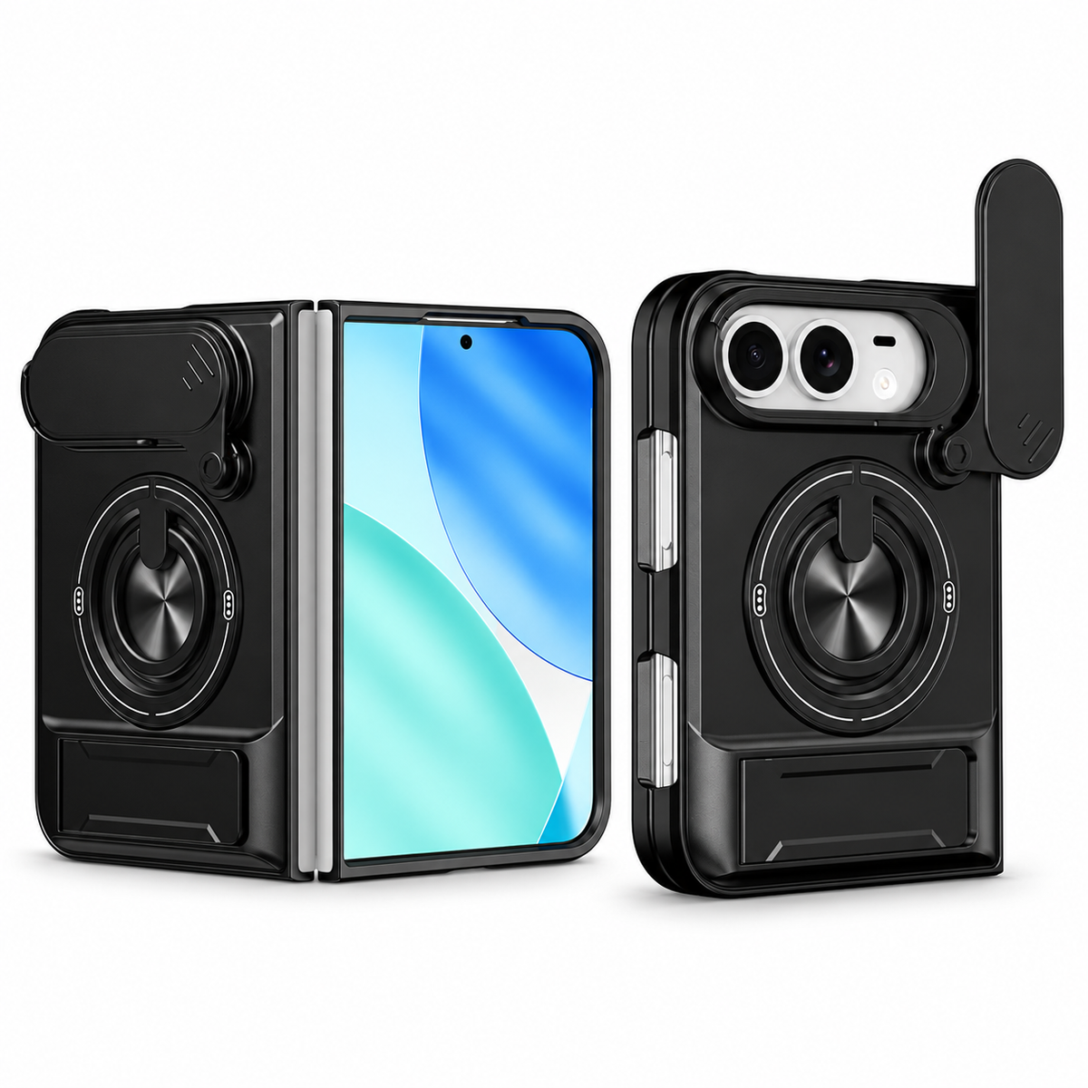 Premium iPhone Case Foldable Armor Slide Camera Lens Protector Magnetic Car Holder Ring Stand Shockproof PC TPU Tough Protective Cover Case Design