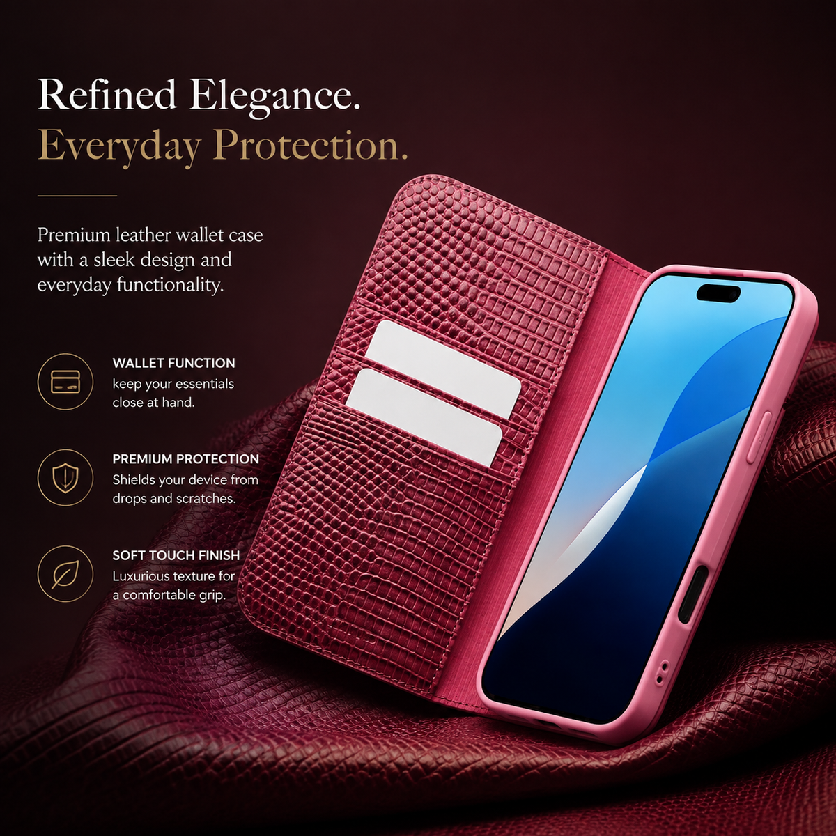 Premium iPhone Case Genuine Cowhide Leather Flip Cover Crocodile Grain Wallet Card Holder Magnetic Closure Shockproof Full Protection Slim Design