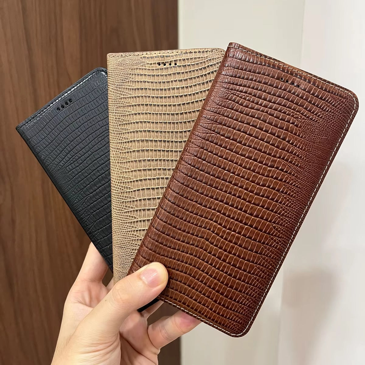 Premium iPhone Case Genuine Cowhide Leather Flip Cover Crocodile Grain Wallet Card Holder Magnetic Closure Shockproof Full Protection Slim Design