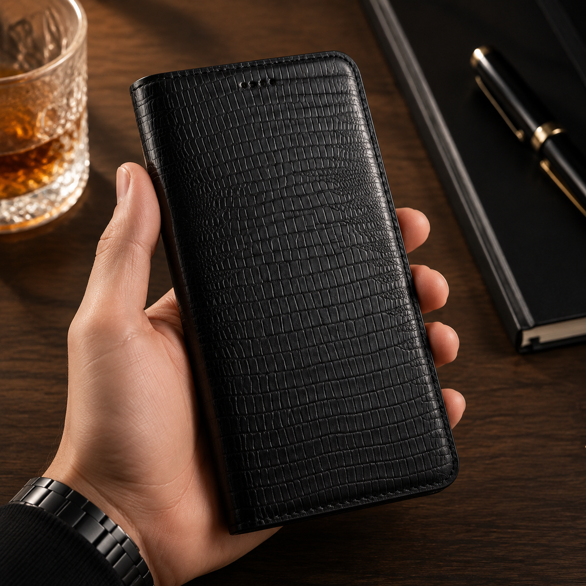 Premium iPhone Case Genuine Cowhide Leather Flip Cover Crocodile Grain Wallet Card Holder Magnetic Closure Shockproof Full Protection Slim Design