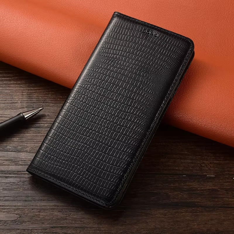 Premium iPhone Case Genuine Cowhide Leather Flip Cover Crocodile Grain Wallet Card Holder Magnetic Closure Shockproof Full Protection Slim Design