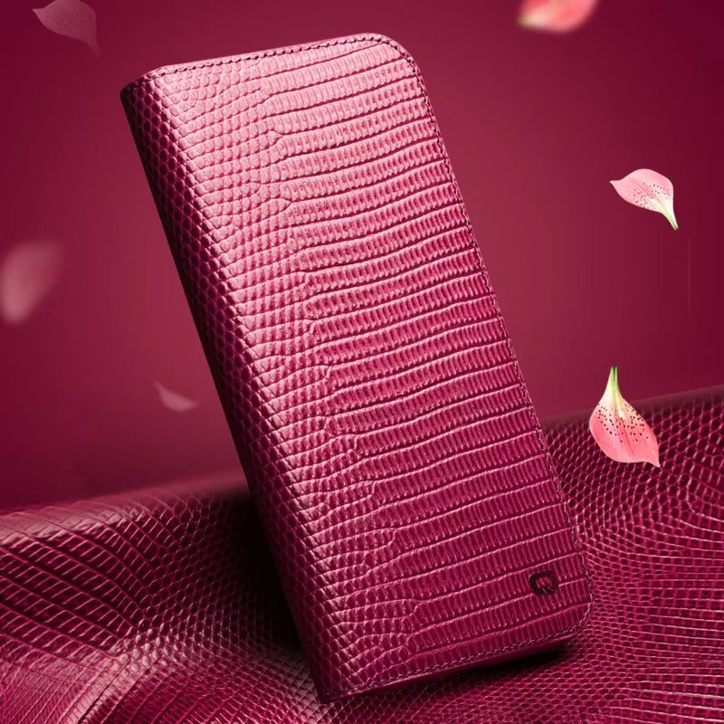 Premium iPhone Case Genuine Cowhide Leather Flip Cover Crocodile Grain Wallet Card Holder Magnetic Closure Shockproof Full Protection Slim Design