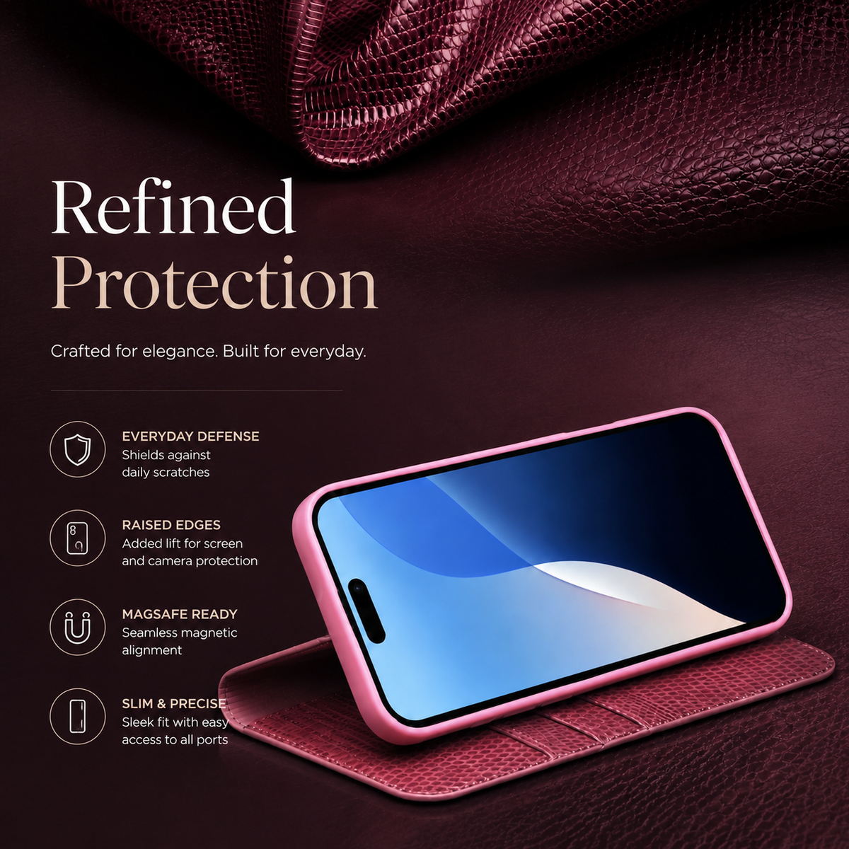Premium iPhone Case Genuine Cowhide Leather Flip Cover Crocodile Grain Wallet Card Holder Shockproof Full Protection Slim Magnetic Closure Stand Design