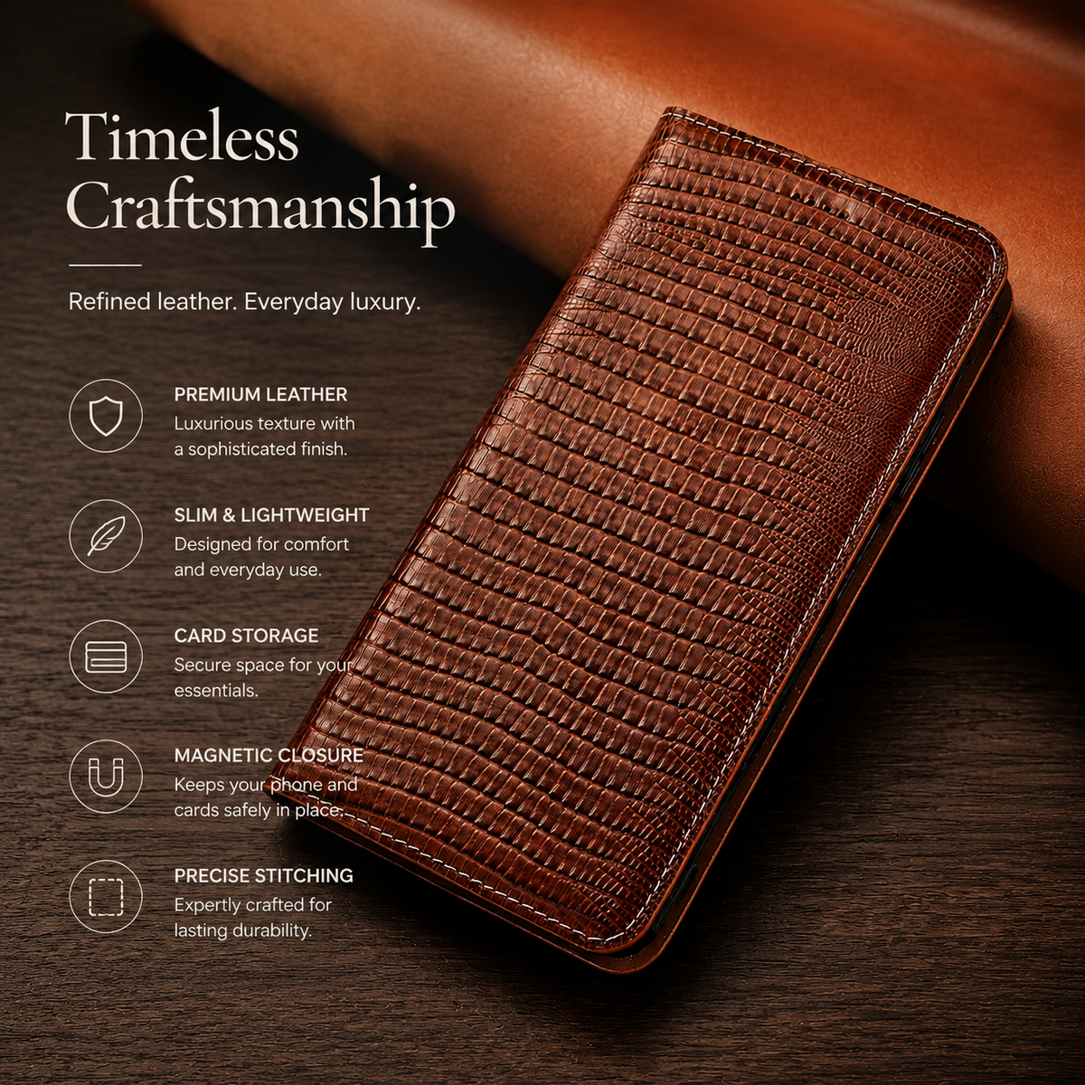 Premium iPhone Case Genuine Cowhide Leather Flip Cover Crocodile Grain Wallet Card Holder Shockproof Full Protection Slim Magnetic Closure Stand Design