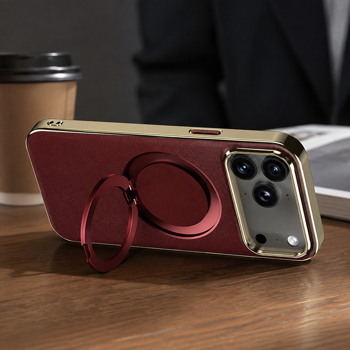 Premium iPhone Case Genuine Cowhide Leather Magnetic Ring Kickstand Shockproof Protective Cover PC TPU Camera Lens Protection 360 Rotating Non Slip Slim