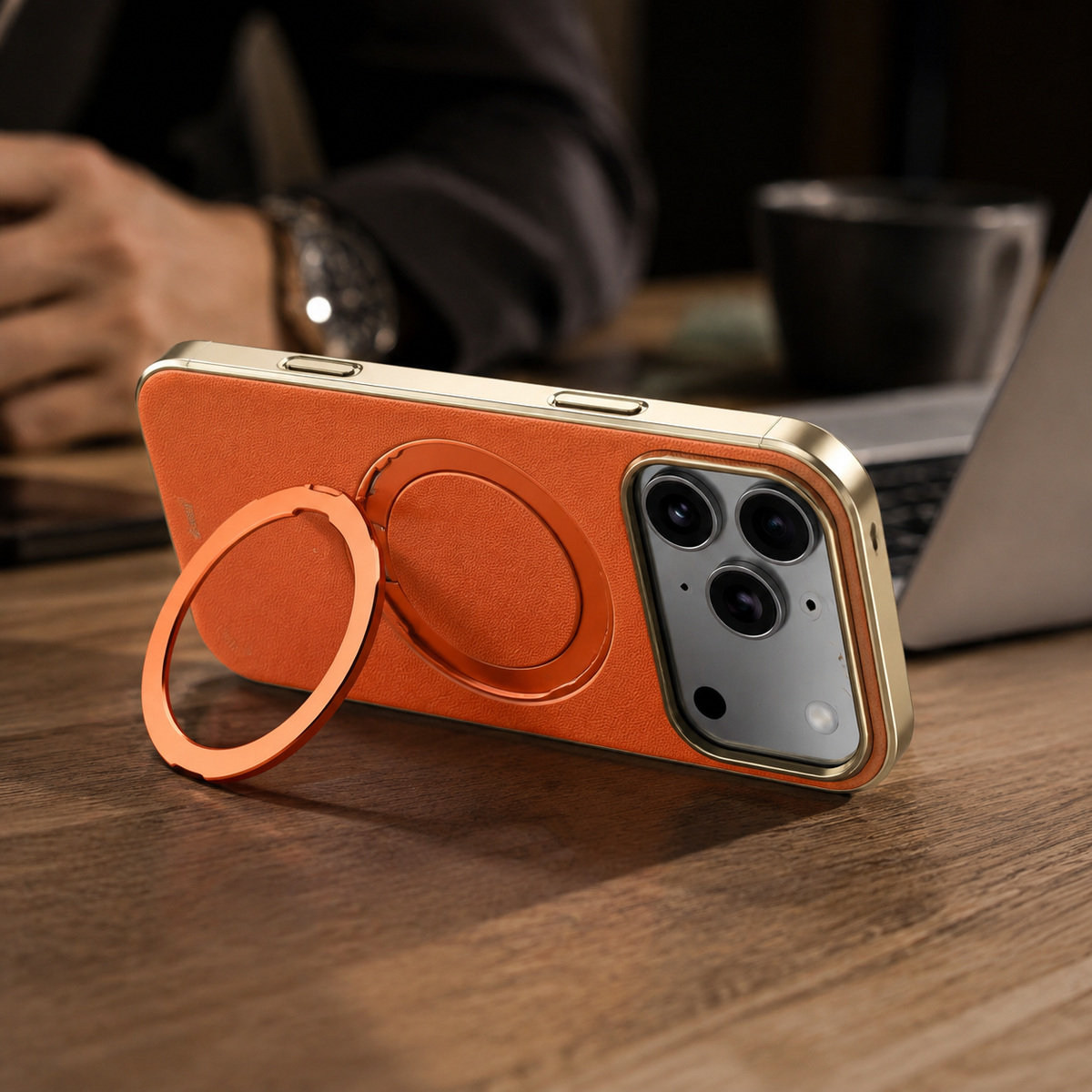 Premium iPhone Case Genuine Cowhide Leather Magnetic Ring Kickstand Shockproof Protective Cover PC TPU Camera Lens Protection 360 Rotating Non Slip Slim