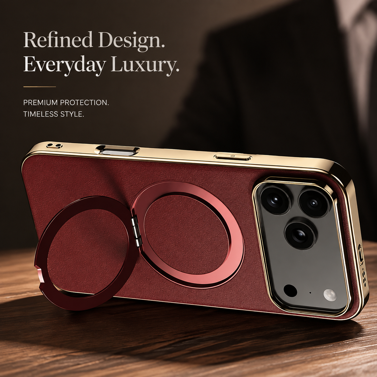 Premium iPhone Case Genuine Cowhide Leather Magnetic Ring Kickstand Shockproof Protective Cover PC TPU Camera Lens Protection 360 Rotating Non Slip Slim