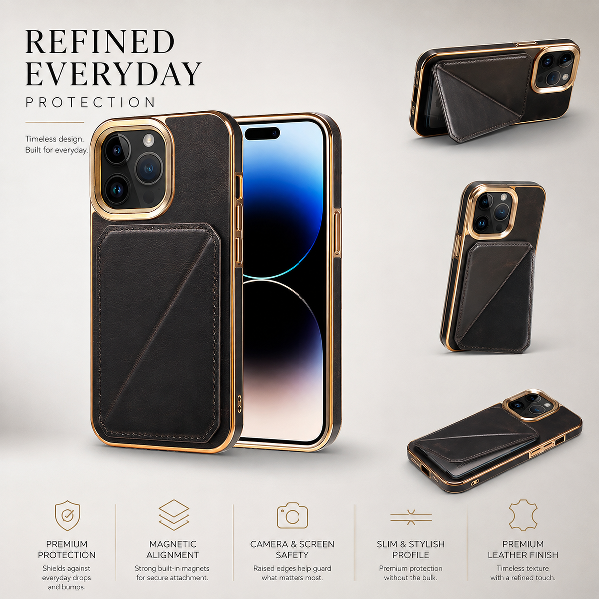 Premium iPhone Case Genuine Cowhide Leather Wallet Cover Magnetic Card Holder Plating Frame Shockproof Protection Full Body Slim Elegant Design