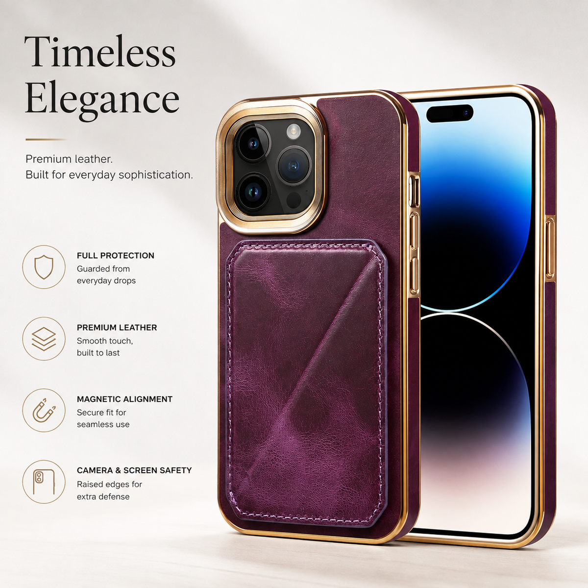 Premium iPhone Case Genuine Cowhide Leather Wallet Cover Magnetic Card Holder Plating Frame Shockproof Protection Full Body Slim Elegant Design
