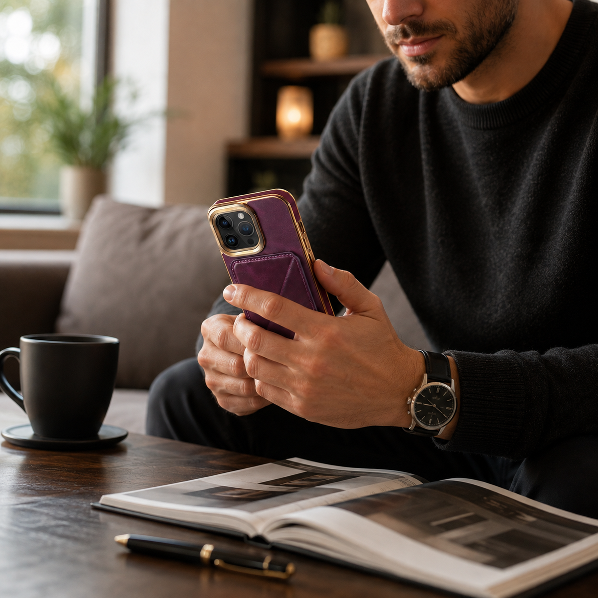 Premium iPhone Case Genuine Cowhide Leather Wallet Cover Magnetic Card Holder Plating Frame Shockproof Protection Full Body Slim Elegant Design