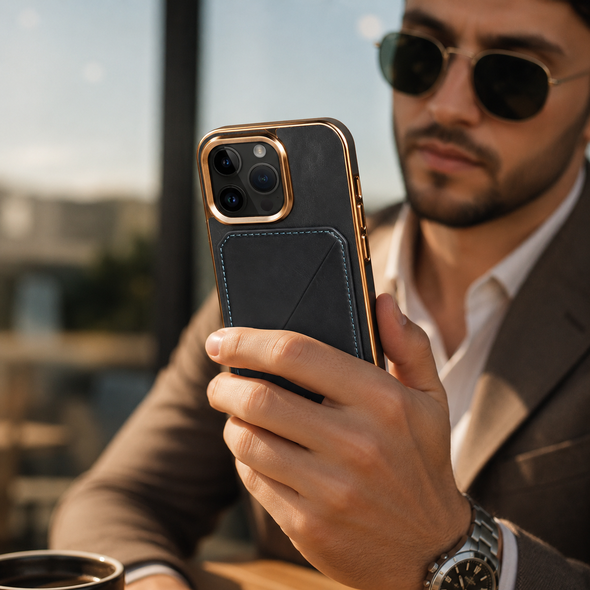 Premium iPhone Case Genuine Cowhide Leather Wallet Cover Magnetic Card Holder Plating Frame Shockproof Protection Full Body Slim Elegant Design