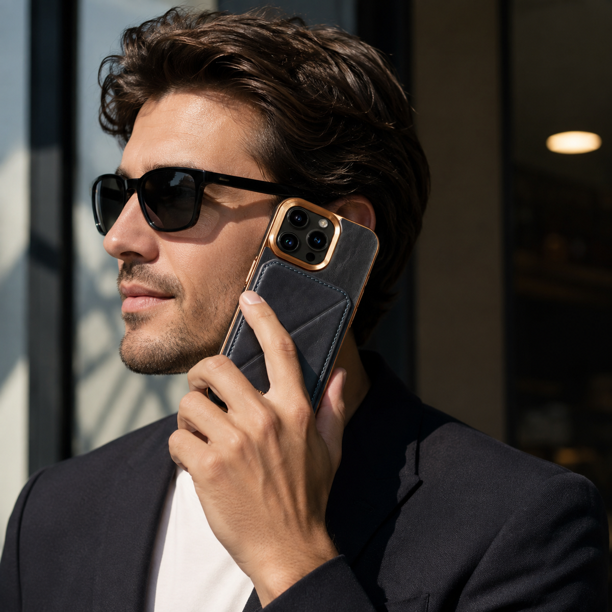 Premium iPhone Case Genuine Cowhide Leather Wallet Cover Magnetic Card Holder Plating Frame Shockproof Protection Full Body Slim Elegant Design