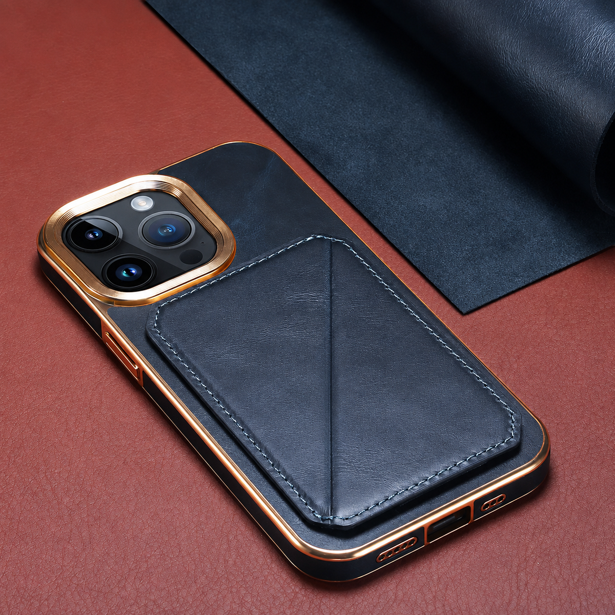 Premium iPhone Case Genuine Cowhide Leather Wallet Cover Magnetic Card Holder Plating Frame Shockproof Protection Full Body Slim Elegant Design