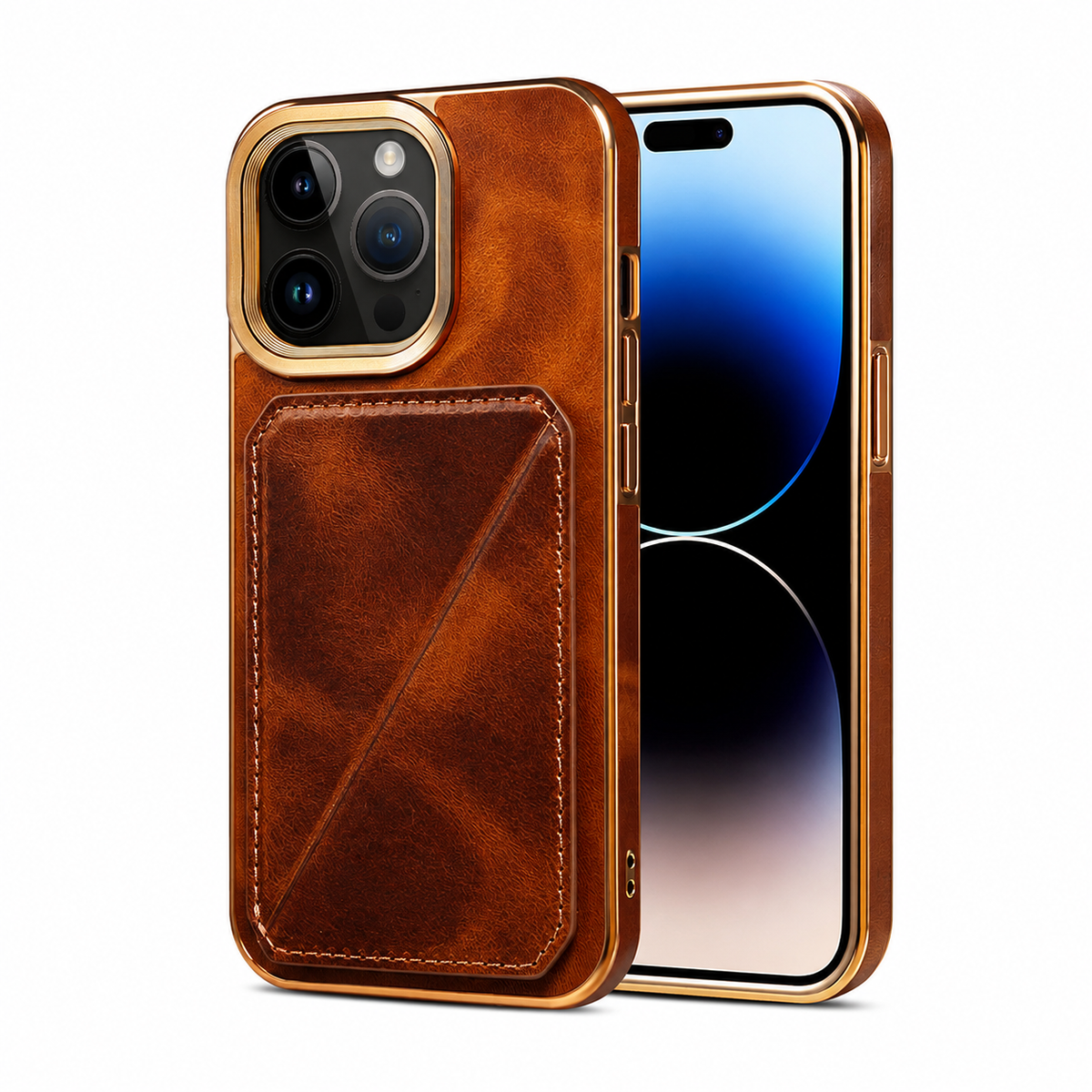 Premium iPhone Case Genuine Cowhide Leather Wallet Cover Magnetic Card Holder Plating Frame Shockproof Protection Full Body Slim Elegant Design