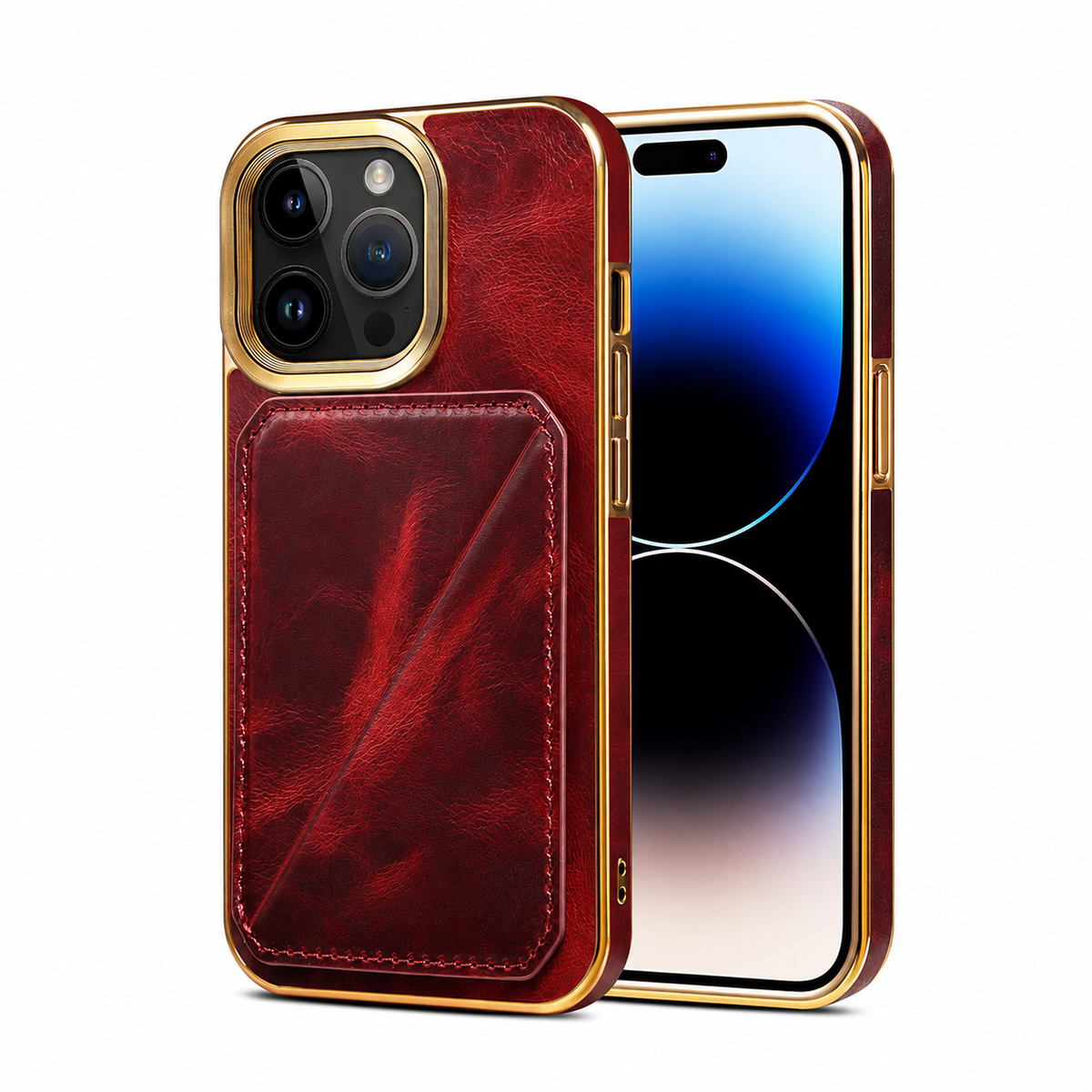 Premium iPhone Case Genuine Cowhide Leather Wallet Cover Magnetic Card Holder Plating Frame Shockproof Protection Full Body Slim Elegant Design
