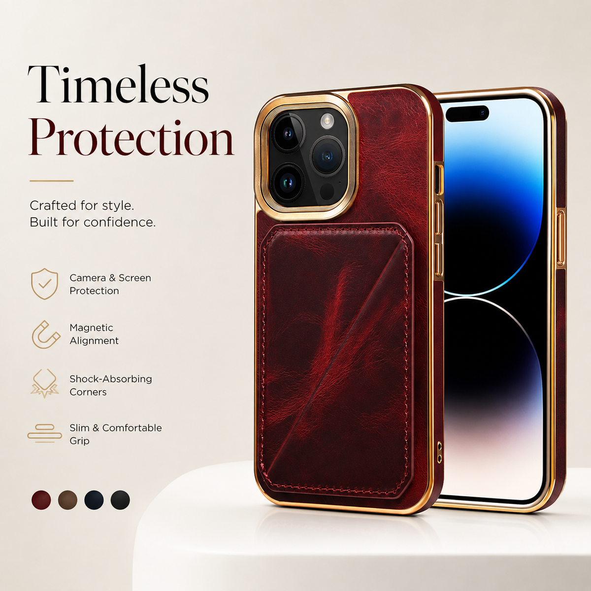 Premium iPhone Case Genuine Cowhide Leather Wallet Cover Magnetic Card Holder Plating Frame Shockproof Protection Full Body Slim Elegant Design
