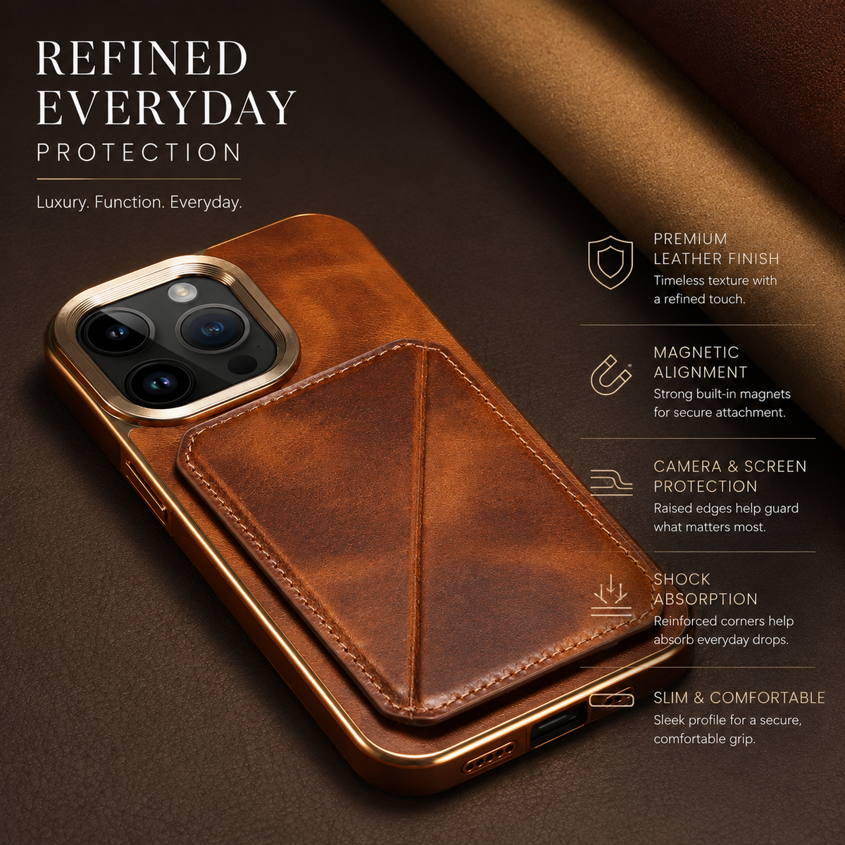 Premium iPhone Case Genuine Cowhide Leather Wallet Cover Magnetic Card Holder Plating Frame Shockproof Protection Full Body Slim Elegant Design