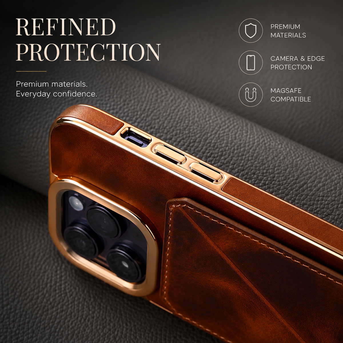 Premium iPhone Case Genuine Cowhide Leather Wallet Cover Magnetic Card Holder Plating Frame Shockproof Protection Full Body Slim Elegant Design
