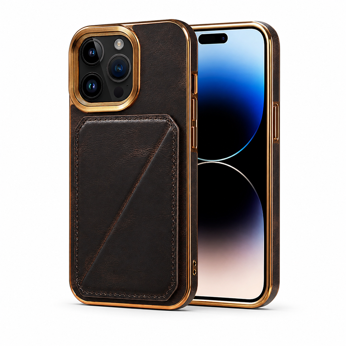 Premium iPhone Case Genuine Cowhide Leather Wallet Cover Magnetic Card Holder Plating Frame Shockproof Protection Full Body Slim Elegant Design