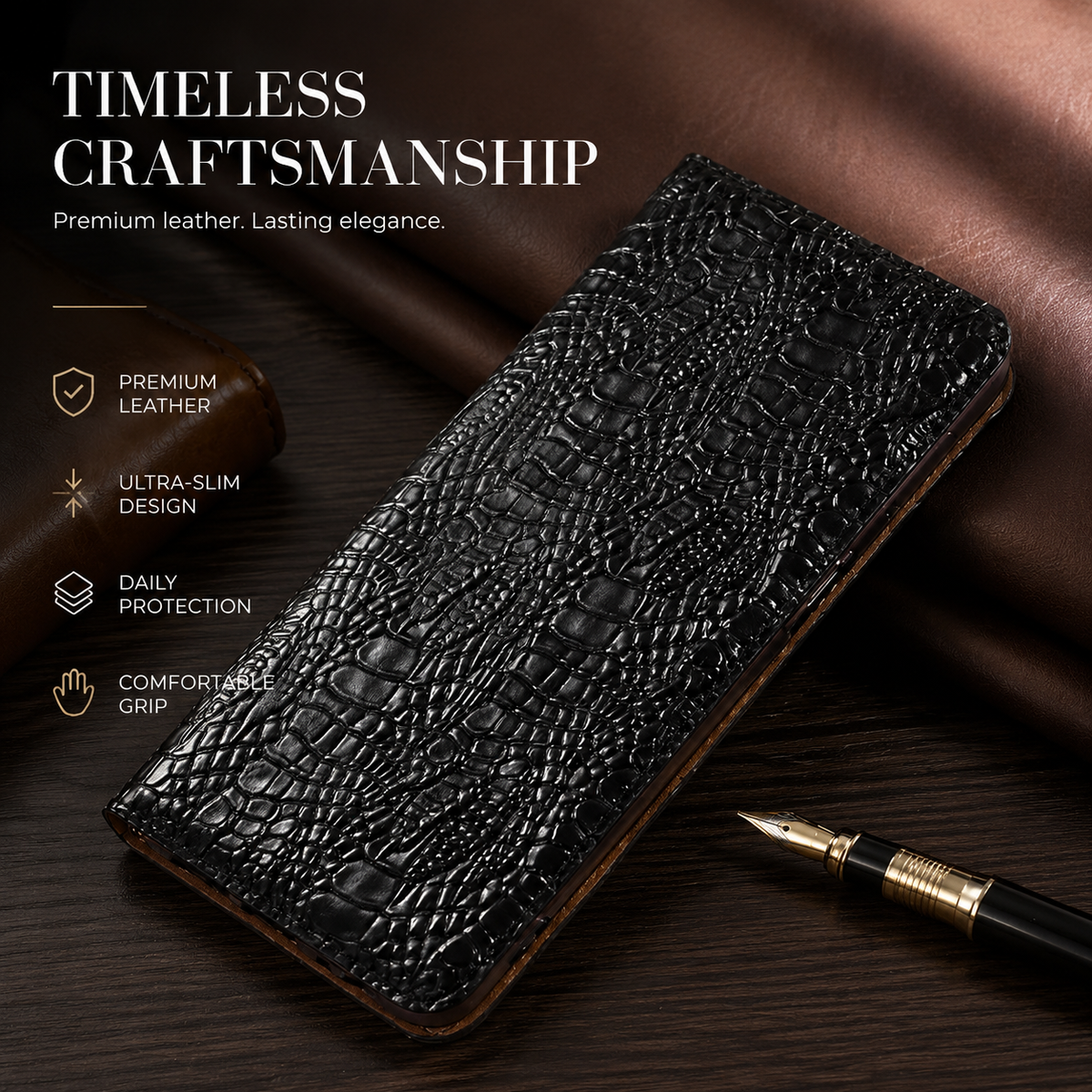 Premium iPhone Case Genuine Leather Flip Cover Crocodile Texture Wallet Card Holder Full Protection Anti Slip Shockproof Protective Case Secure Grip