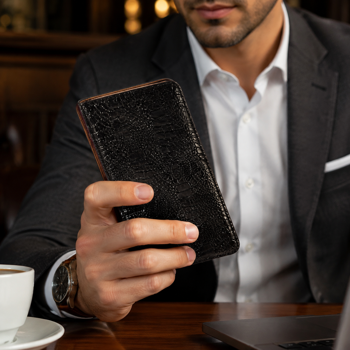 Premium iPhone Case Genuine Leather Flip Cover Crocodile Texture Wallet Card Holder Full Protection Anti Slip Shockproof Protective Case Secure Grip