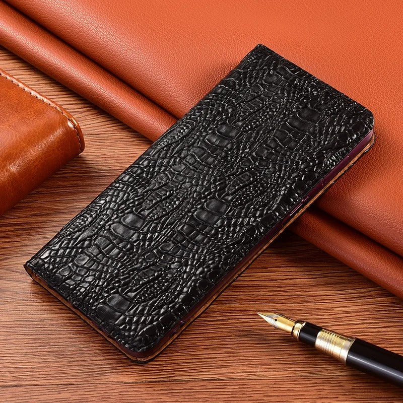 Premium iPhone Case Genuine Leather Flip Cover Crocodile Texture Wallet Card Holder Full Protection Anti Slip Shockproof Protective Case Secure Grip