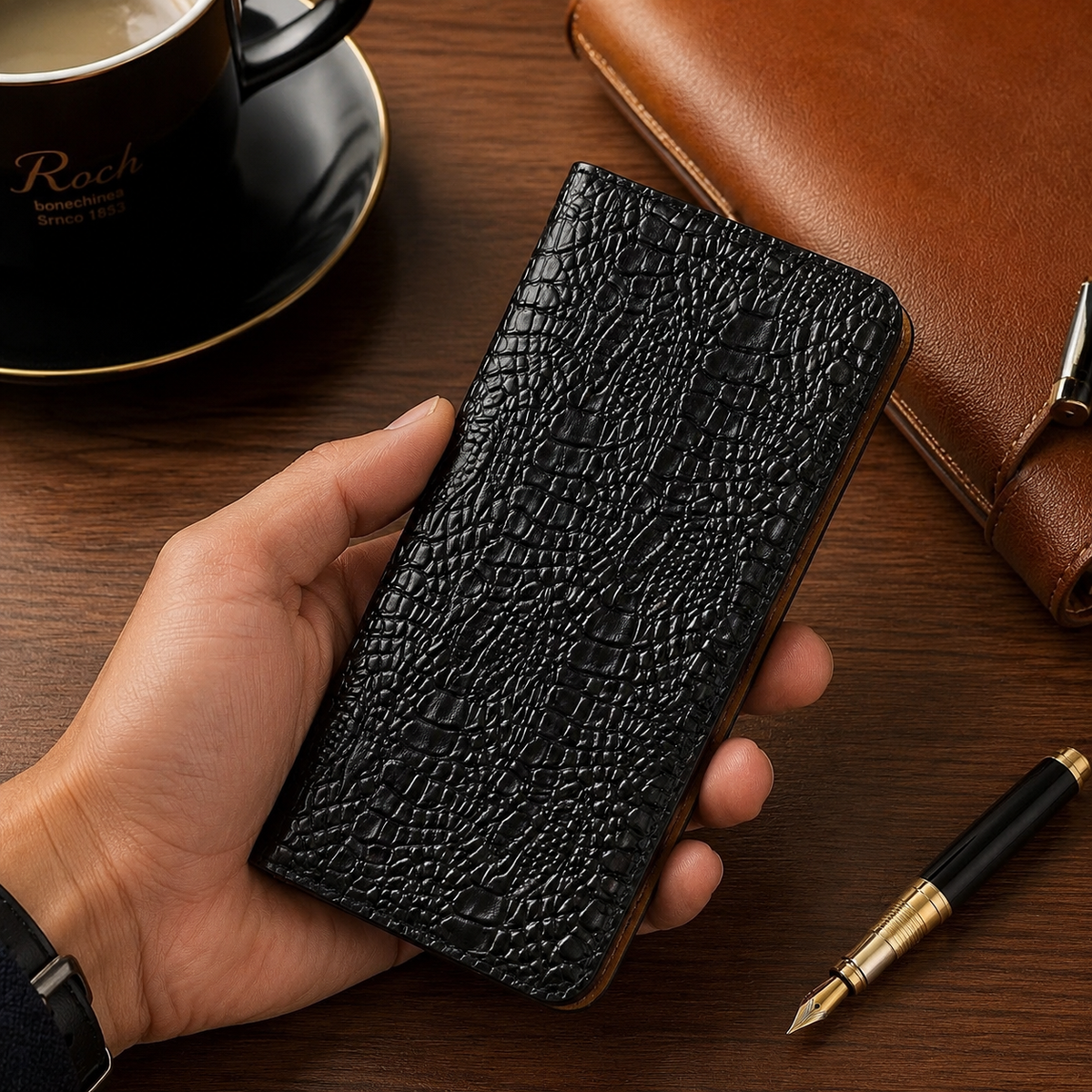 Premium iPhone Case Genuine Leather Flip Cover Crocodile Texture Wallet Card Holder Full Protection Anti Slip Shockproof Protective Case Secure Grip