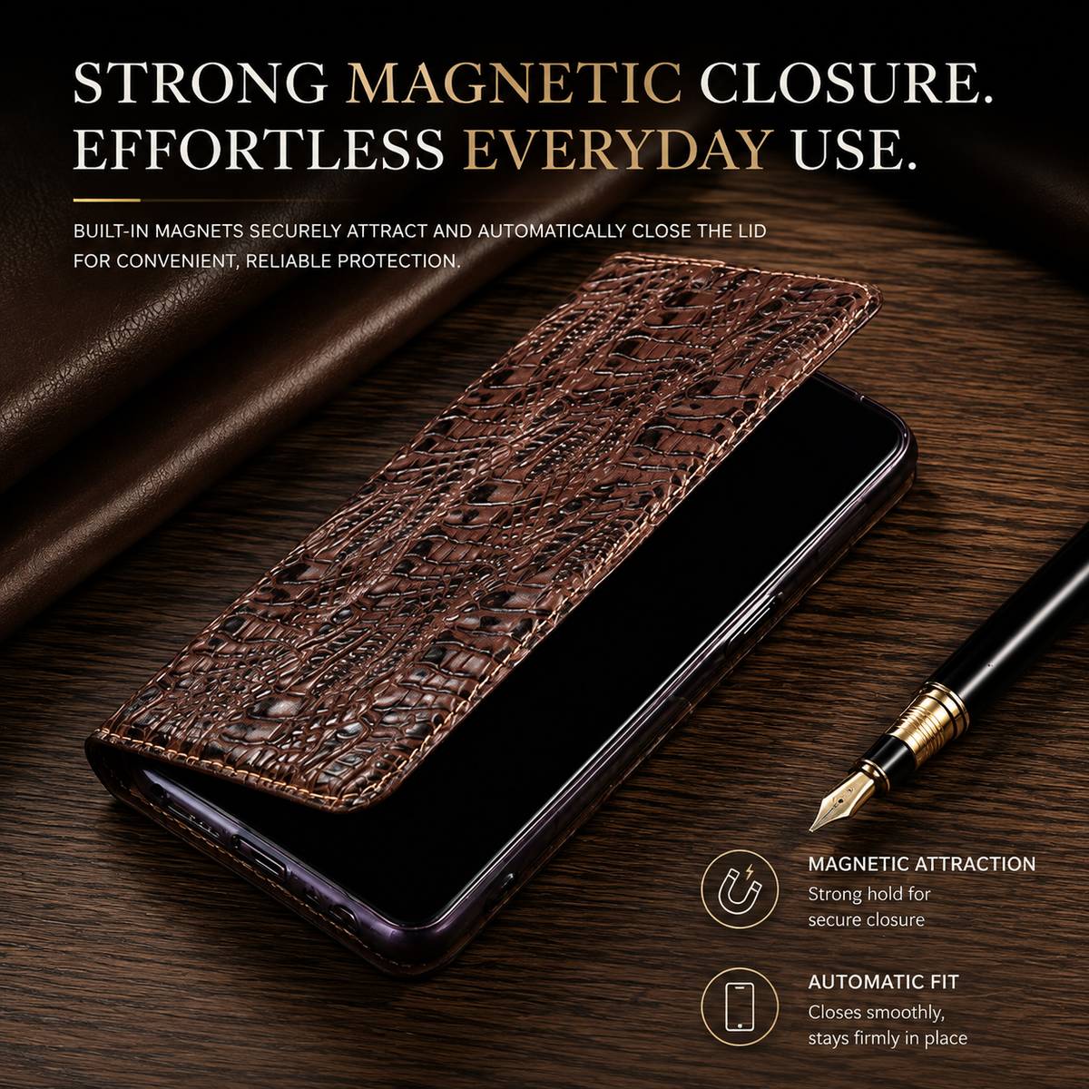 Premium iPhone Case Genuine Leather Flip Cover Crocodile Texture Wallet Card Holder Full Protection Anti Slip Shockproof Protective Case Secure Grip