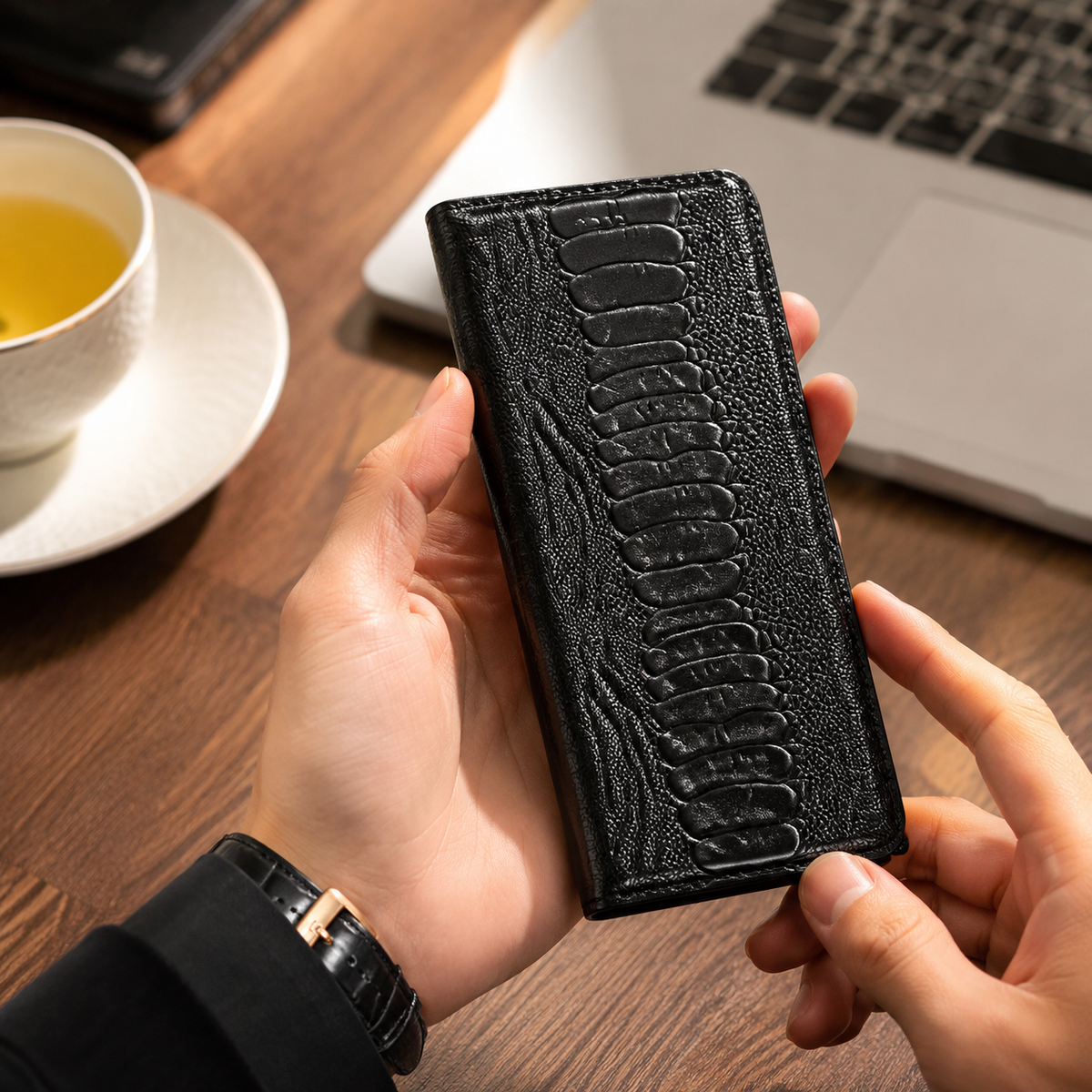 Premium iPhone Case Genuine Leather Flip Wallet Cover Card Slots Magnetic Closure Shockproof Full Protection Slim Elegant Kickstand Design
