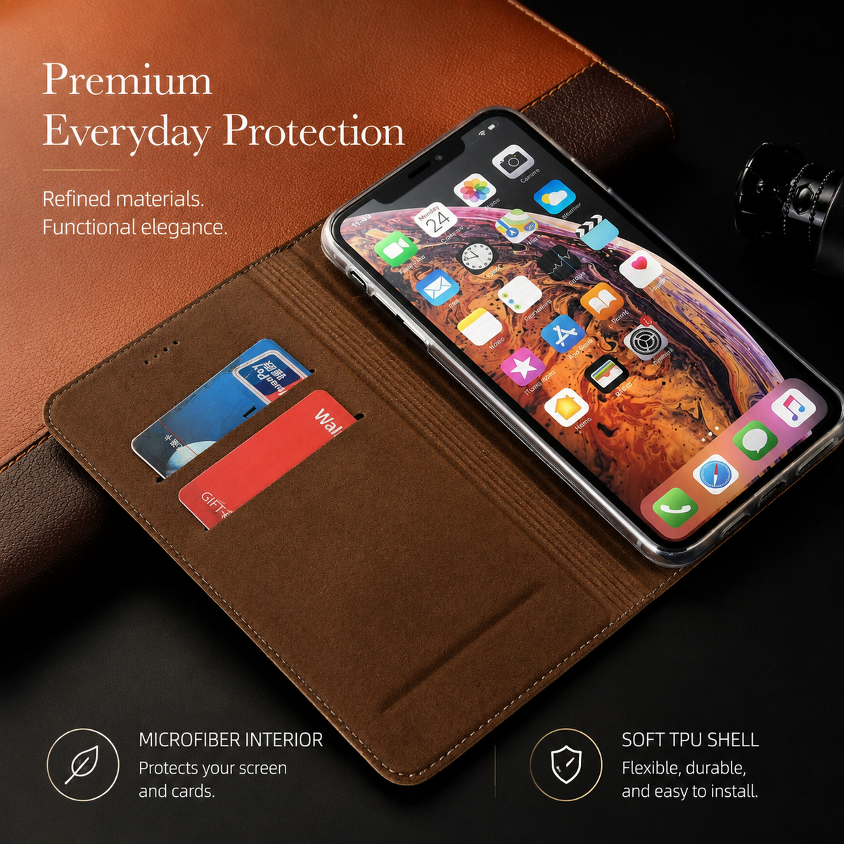 Premium iPhone Case Genuine Leather Flip Wallet Cover Card Slots Magnetic Closure Shockproof Full Protection Slim Elegant Kickstand Design
