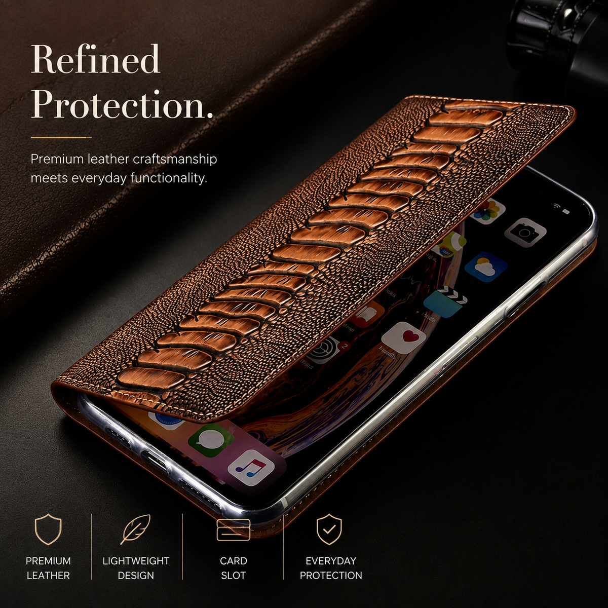 Premium iPhone Case Genuine Leather Flip Wallet Cover Card Slots Magnetic Closure Shockproof Full Protection Slim Elegant Kickstand Design