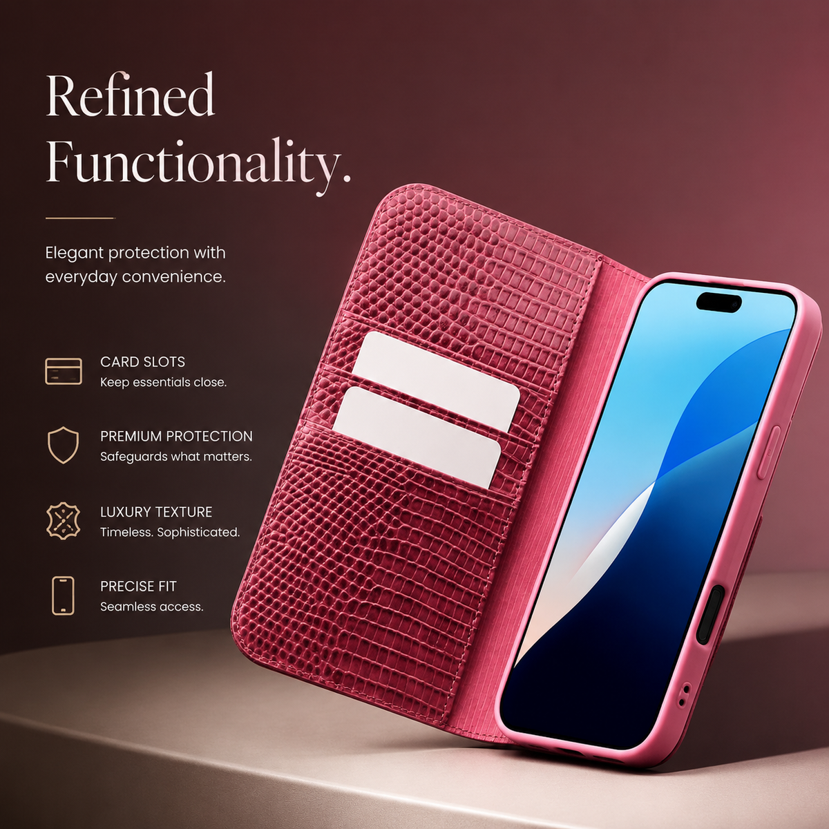 Premium iPhone Case Genuine Leather Flip Wallet Magnetic Closure Kickstand Card Holder Full Coverage Shockproof Non Slip Lizard Texture Protective Cover