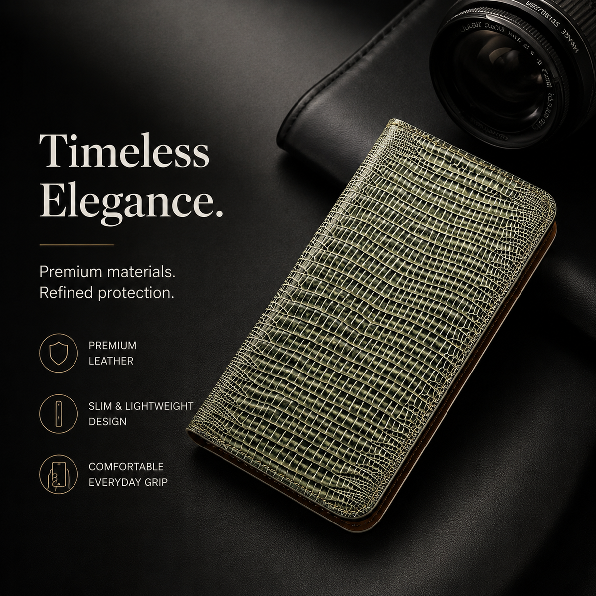 Premium iPhone Case Genuine Leather Flip Wallet Magnetic Closure Kickstand Card Holder Full Coverage Shockproof Non Slip Lizard Texture Protective Cover