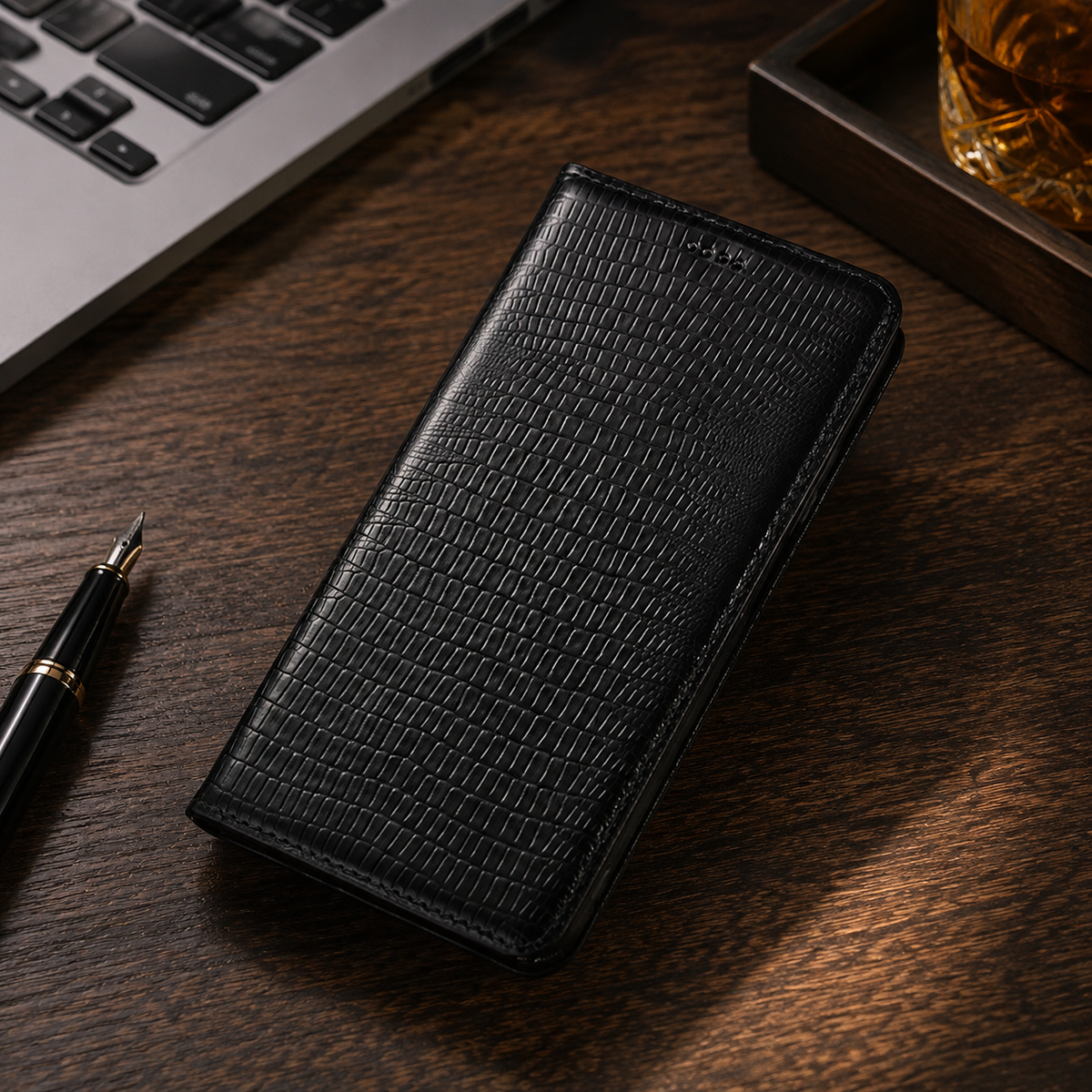 Premium iPhone Case Genuine Leather Flip Wallet Magnetic Closure Kickstand Card Holder Full Coverage Shockproof Non Slip Lizard Texture Protective Cover