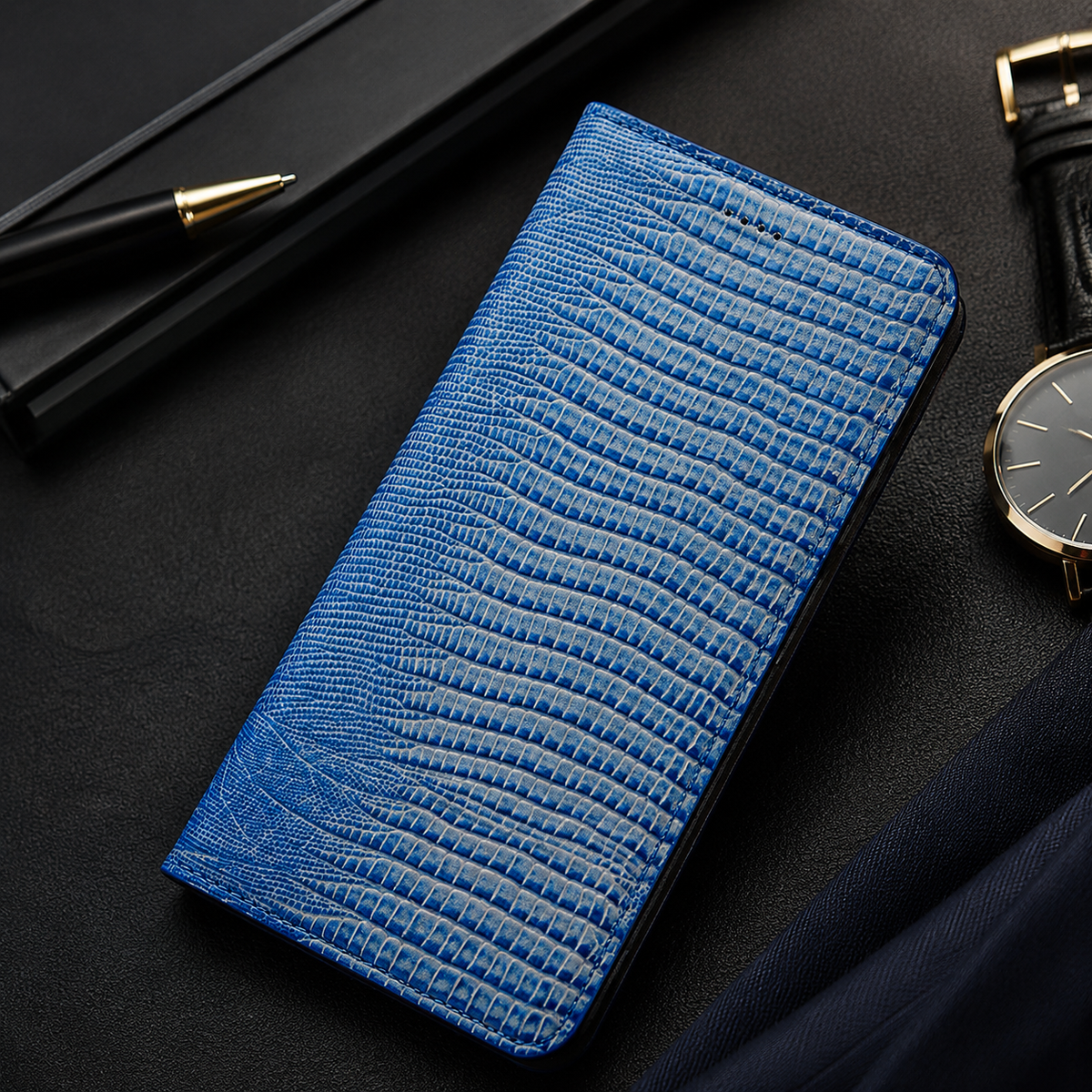 Premium iPhone Case Genuine Leather Flip Wallet Magnetic Closure Kickstand Card Holder Full Coverage Shockproof Non Slip Lizard Texture Protective Cover