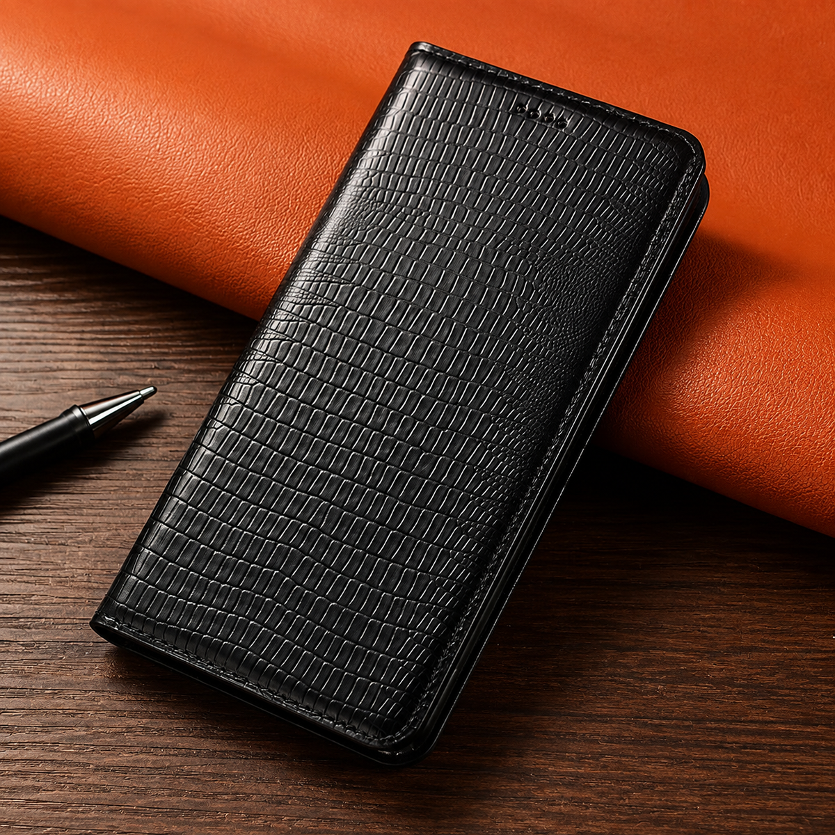 Premium iPhone Case Genuine Leather Flip Wallet Magnetic Closure Kickstand Card Holder Full Coverage Shockproof Non Slip Lizard Texture Protective Cover