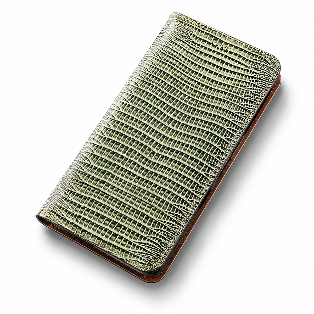 Premium iPhone Case Genuine Leather Flip Wallet Magnetic Closure Kickstand Card Holder Full Coverage Shockproof Non Slip Lizard Texture Protective Cover