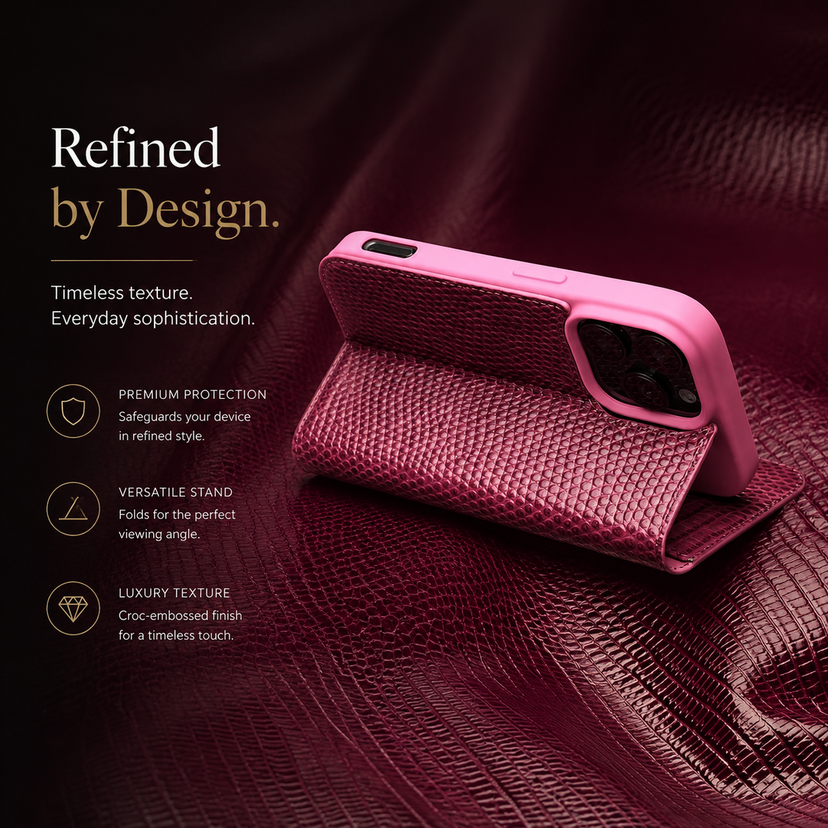 Premium iPhone Case Genuine Leather Flip Wallet Magnetic Closure Kickstand Card Holder Full Coverage Shockproof Non Slip Lizard Texture Protective Cover