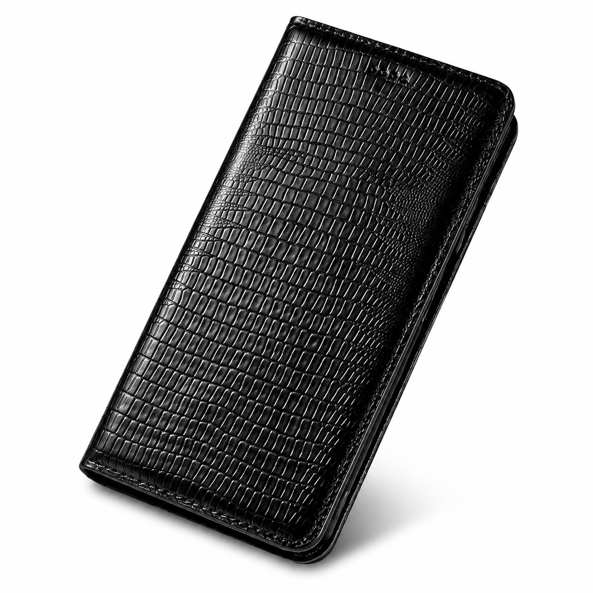 Premium iPhone Case Genuine Leather Flip Wallet Magnetic Closure Kickstand Card Holder Full Coverage Shockproof Non Slip Lizard Texture Protective Cover