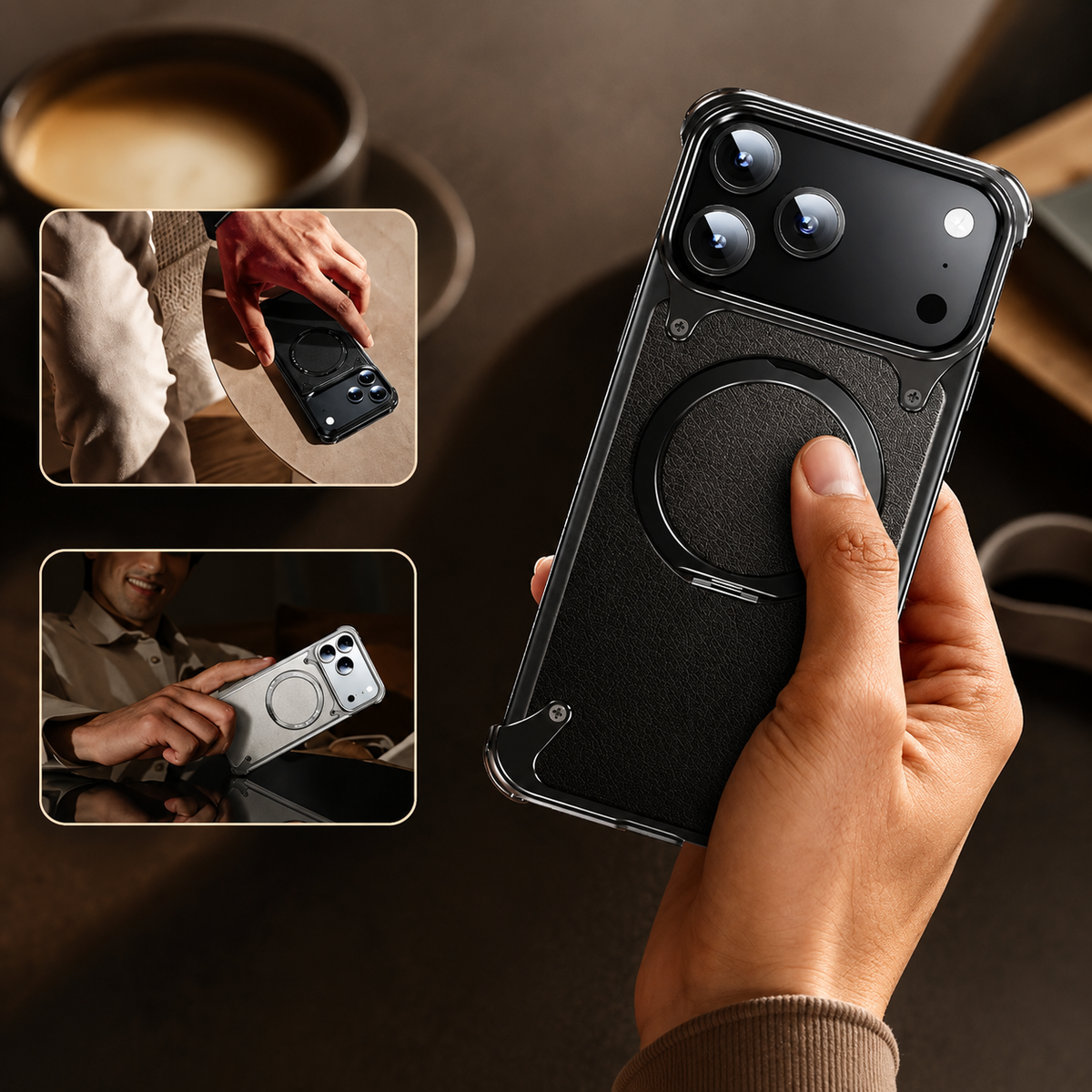 Premium iPhone Case Genuine Leather Magnetic Protective Cover MagSafe Compatible Frameless Design Rotating Stand Ring Shockproof Anti Drop Protection
