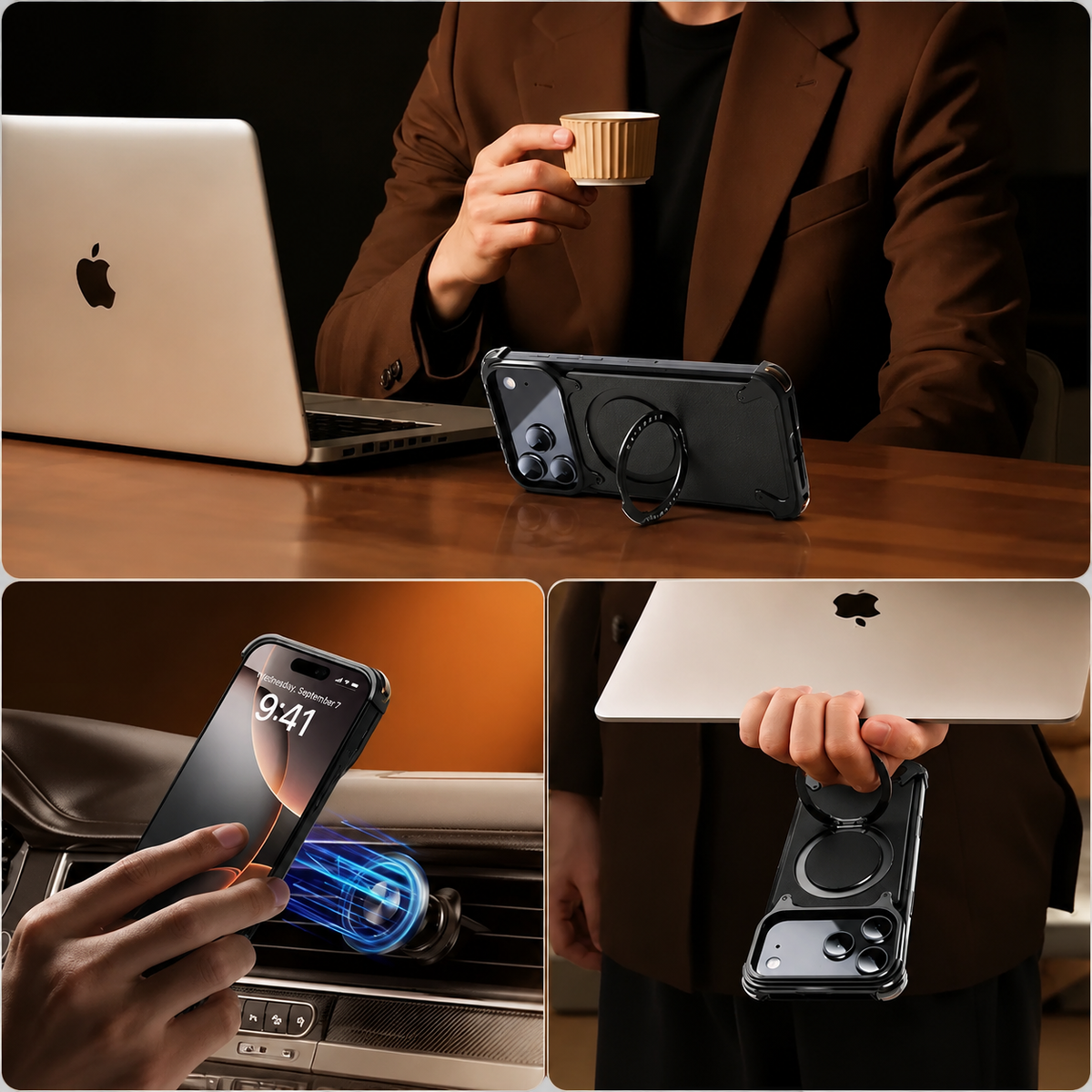 Premium iPhone Case Genuine Leather Magnetic Protective Cover MagSafe Compatible Frameless Design Rotating Stand Ring Shockproof Anti Drop Protection