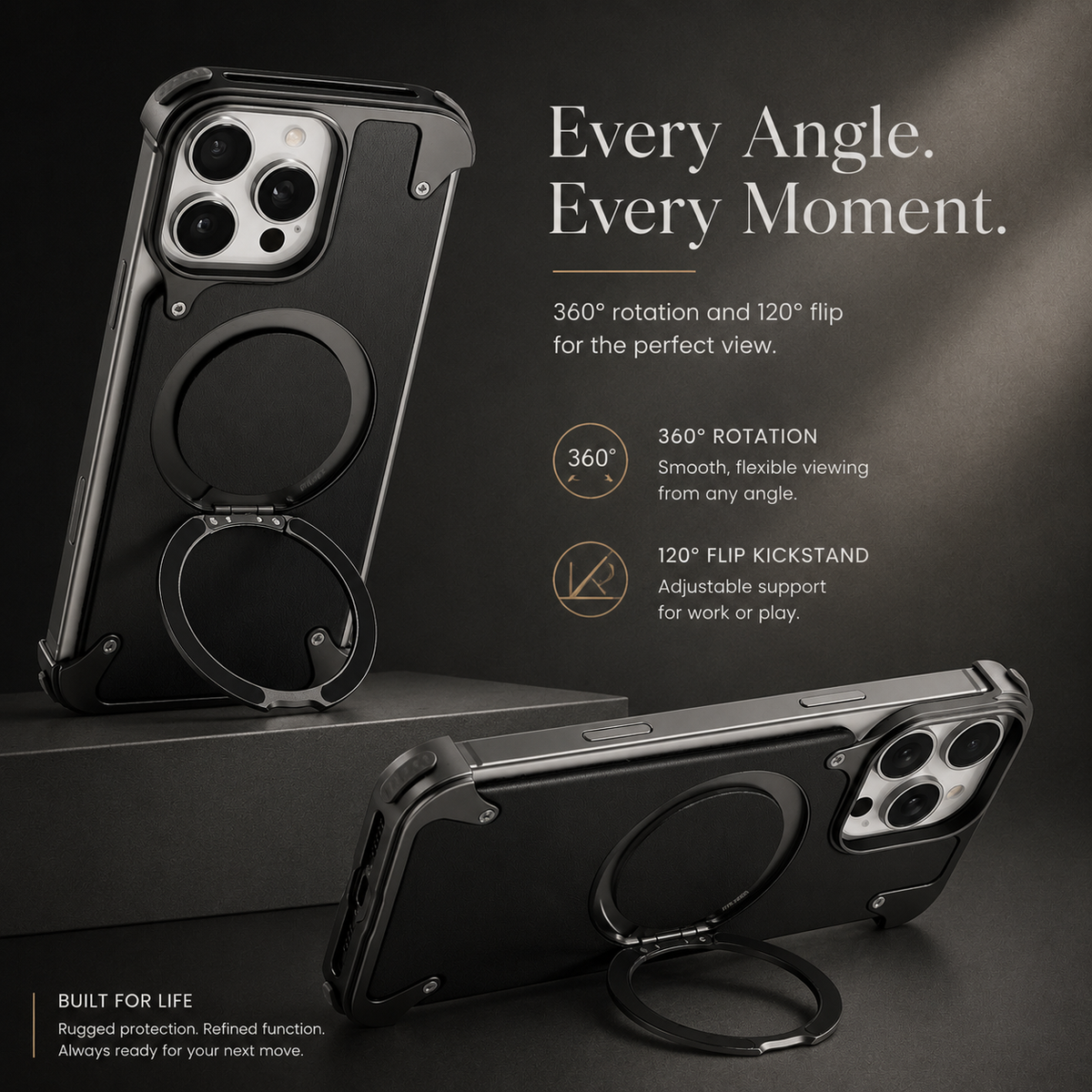Premium iPhone Case Genuine Leather Magnetic Protective Cover MagSafe Compatible Frameless Design Rotating Stand Ring Shockproof Anti Drop Protection