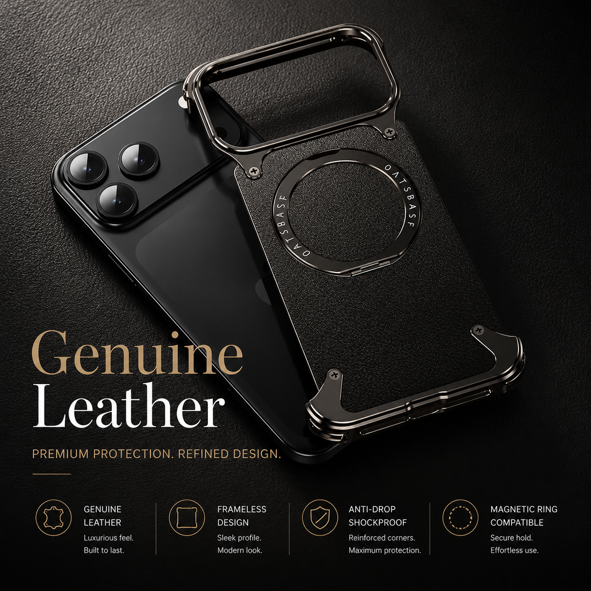 Premium iPhone Case Genuine Leather Magnetic Protective Cover MagSafe Compatible Frameless Design Rotating Stand Ring Shockproof Anti Drop Protection