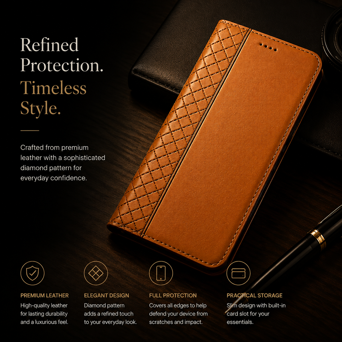 Premium iPhone Case Genuine Leather Wallet Flip Cover Card Holder Magnetic Closure Kickstand Shockproof TPU Protective Case Business Full Coverage Slim
