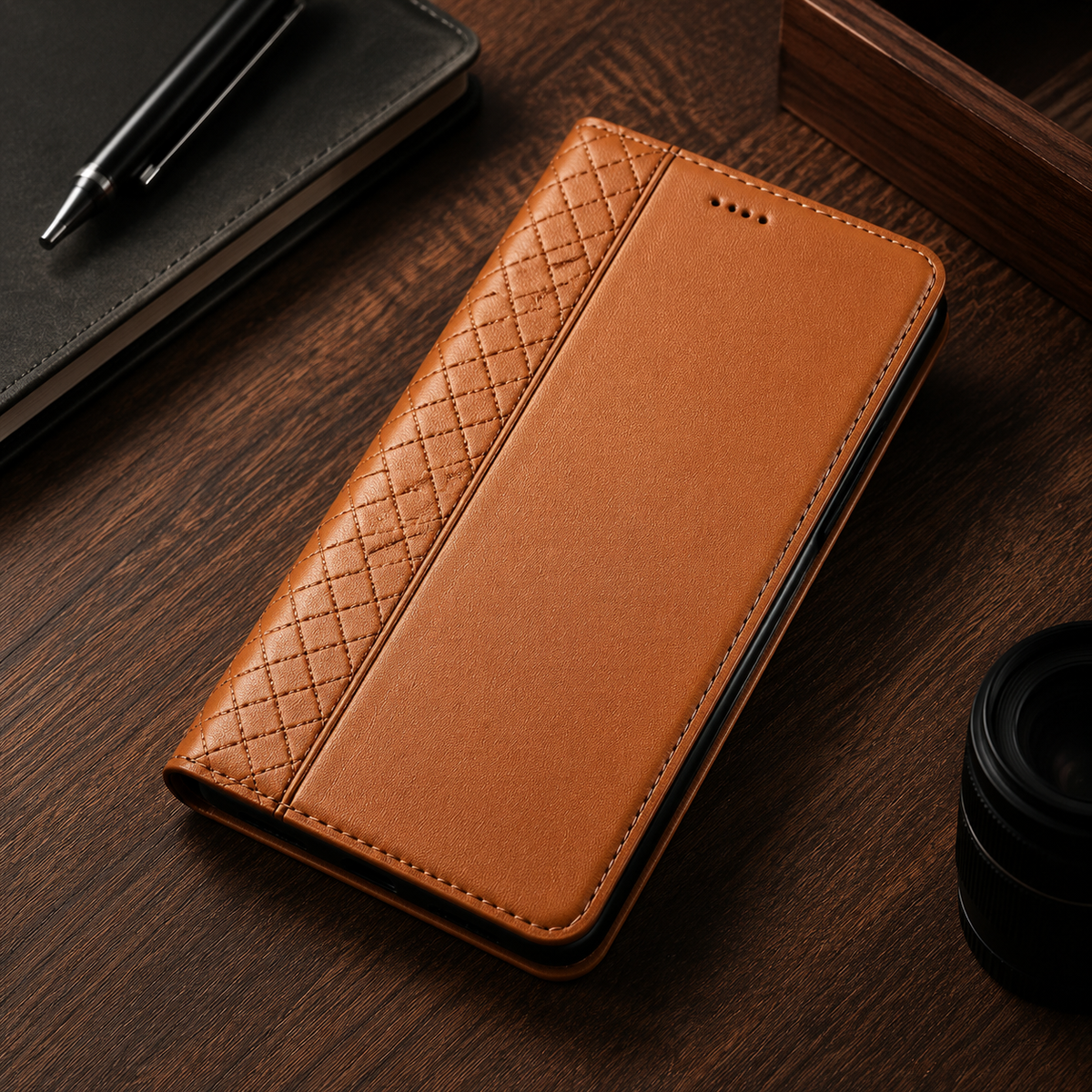 Premium iPhone Case Genuine Leather Wallet Flip Cover Card Holder Magnetic Closure Kickstand Shockproof TPU Protective Case Business Full Coverage Slim