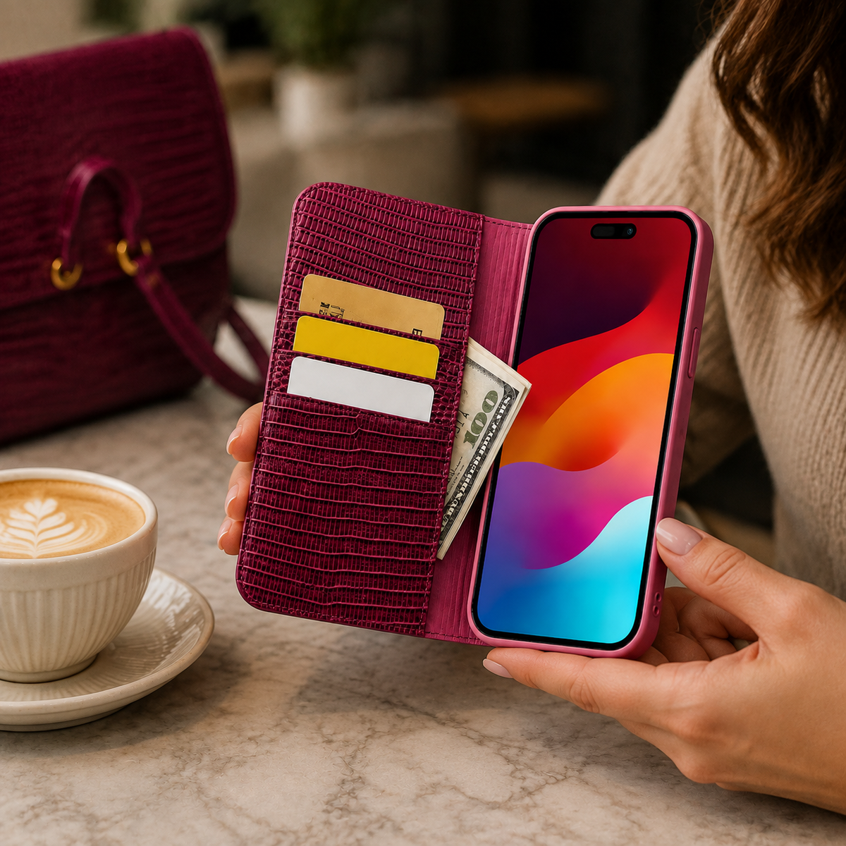 Premium iPhone Case Genuine Leather Wallet Flip Cover Card Holder Slim Shockproof Protective Cover Anti Scratch Lightweight Full Protection