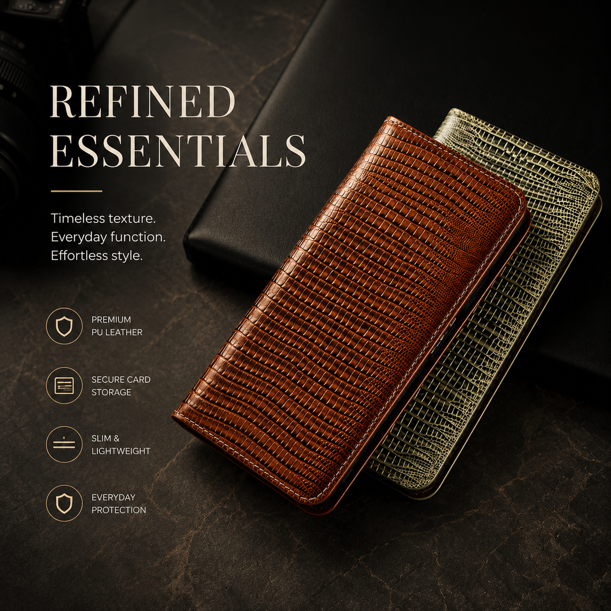 Premium iPhone Case Genuine Lizard Leather Flip Wallet Cover Magnetic Closure Kickstand Shockproof Full Body Protection Card Holder Slim Elegant Design