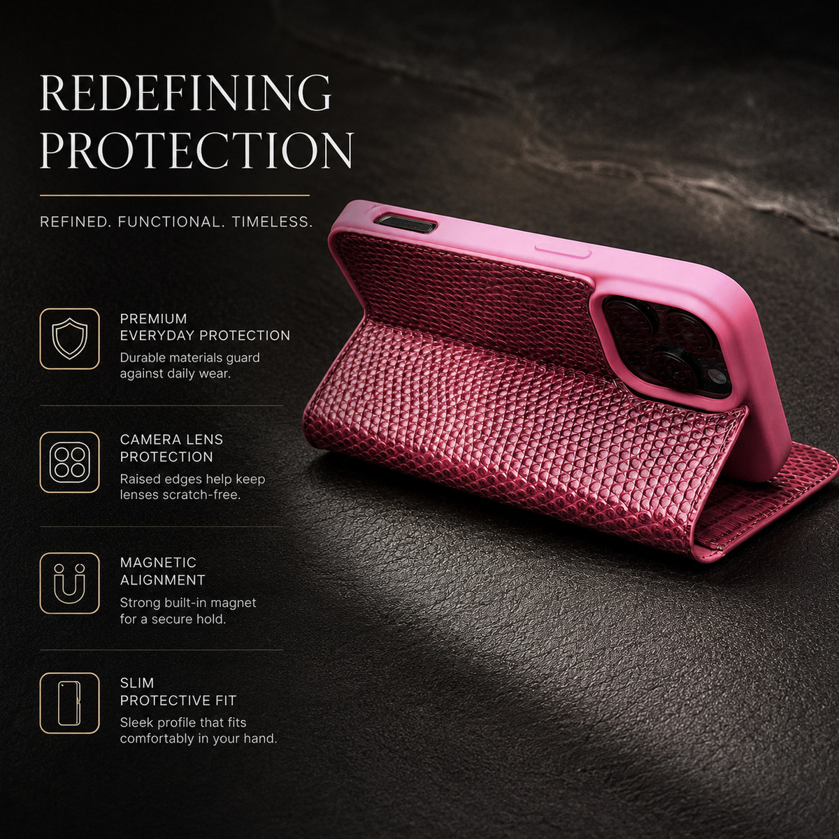 Premium iPhone Case Genuine Lizard Leather Flip Wallet Cover Magnetic Closure Kickstand Shockproof Full Body Protection Card Holder Slim Elegant Design
